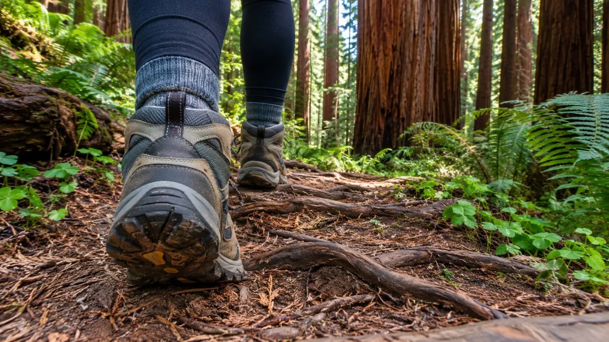 Chaussures de randonnée sur un sentier en terre traversé par des racines de séquoia côtier