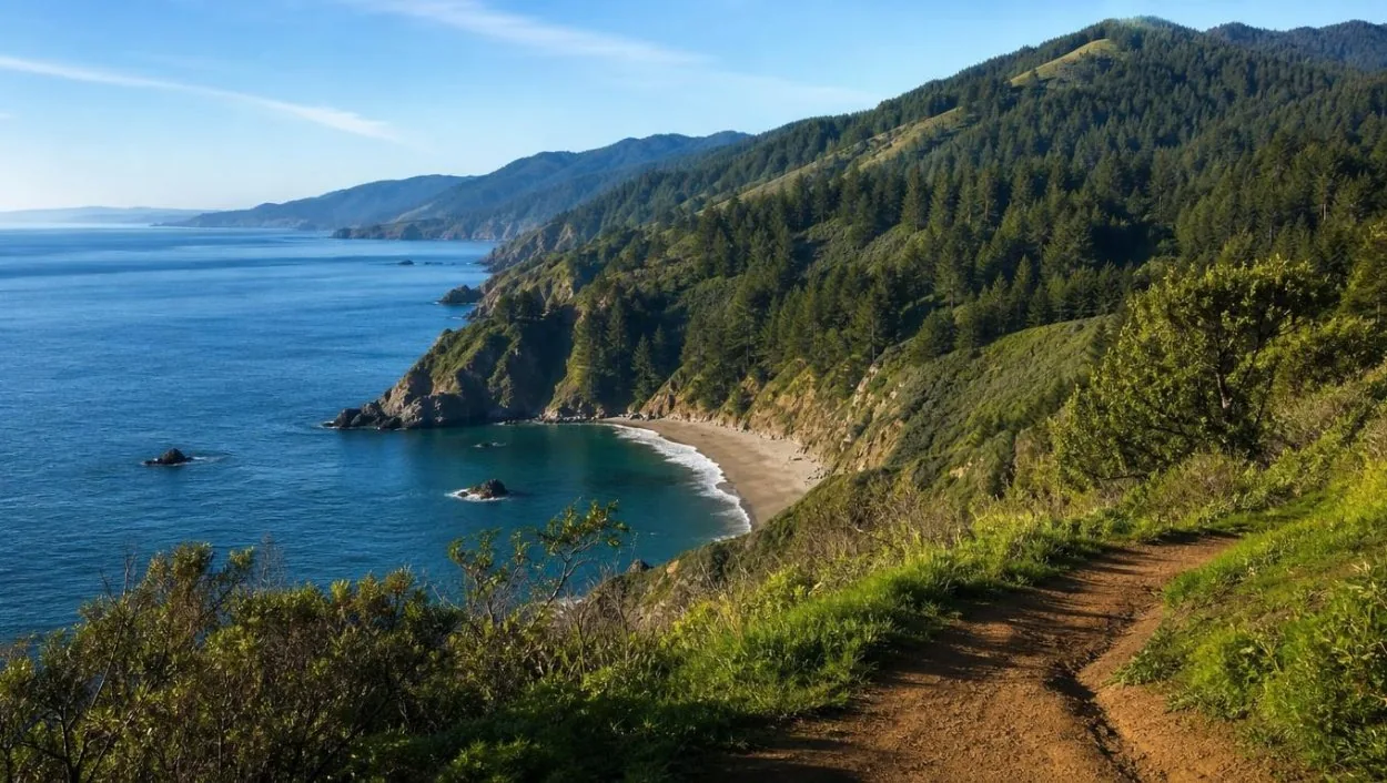 La costa del Pacífico y Muir Beach vistas desde la cresta superior