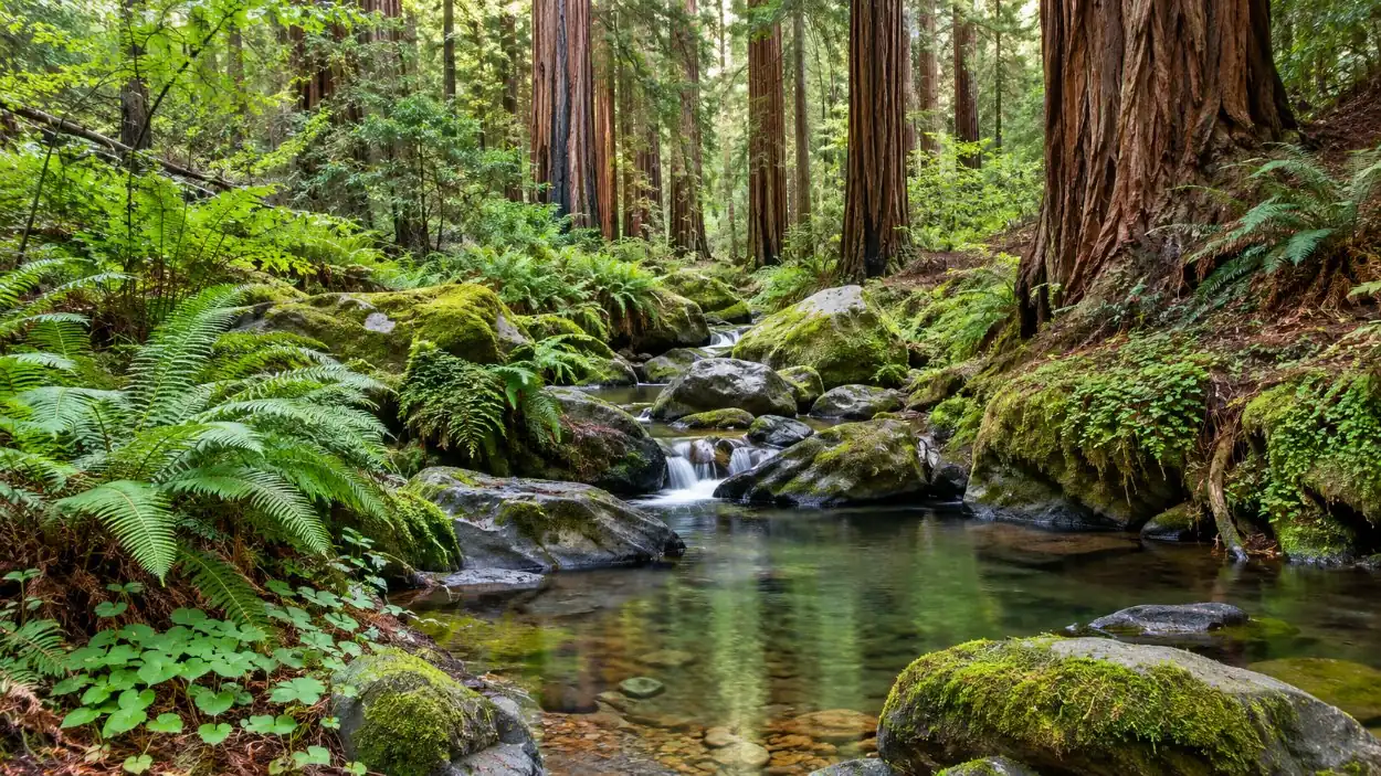 Arroyo Redwood en invierno con charcos claros entre helechos