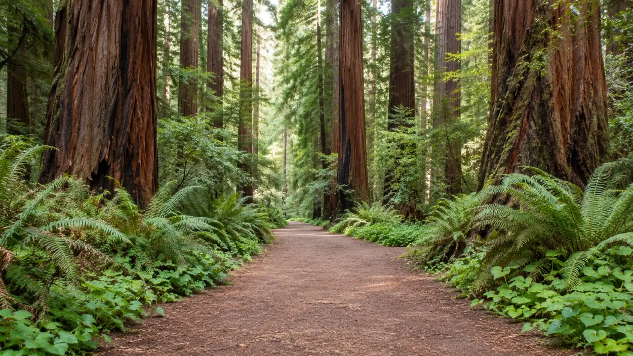 Un sentier de séquoias plat dans le fond de la vallée de Muir Woods