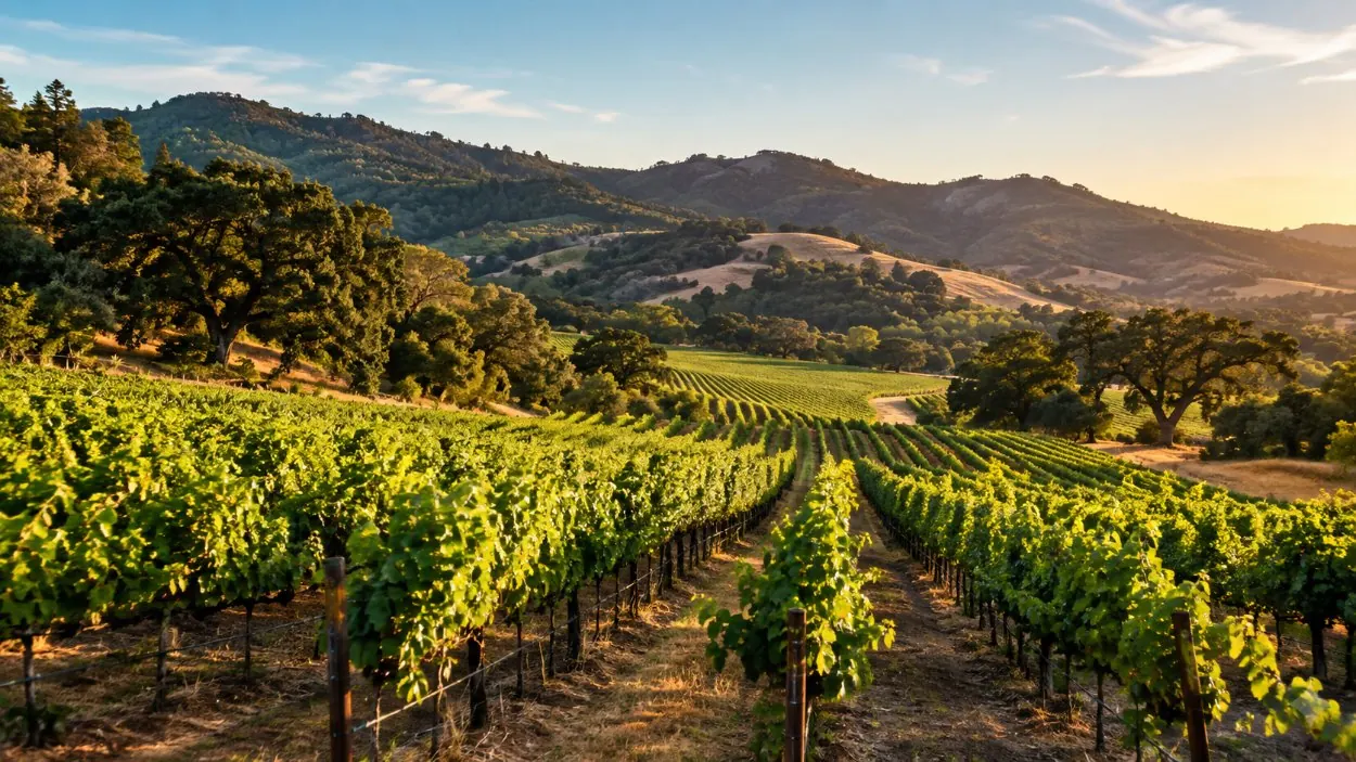 File di viti in un vigneto della valle di Sonoma