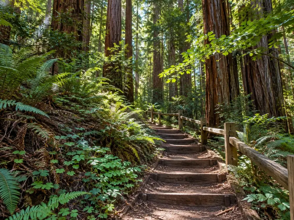 Hölzerne Stufen des Dipsea Trail durch den Wald