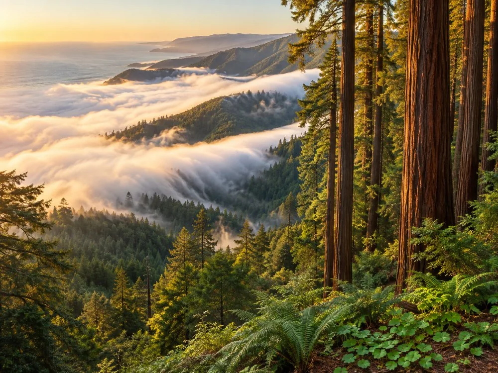 Küstennebel, der über die bewaldeten Grate des Mount Tamalpais zieht